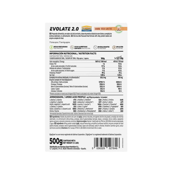 Evolate 2.0 (Whey Isolate CFM), No Sweeteners, 500G, Chai Tea with Milk Flavor
