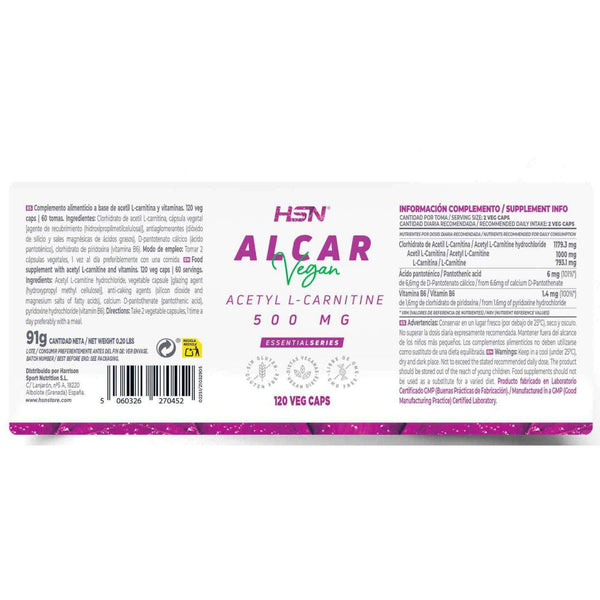 Acetyl L-Carnitine (Alcar), 500MG, 120 Veg Capsules