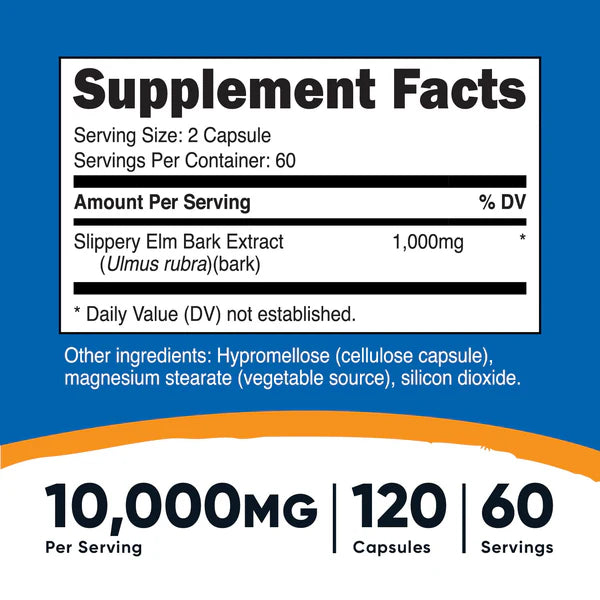 Slippery Elm Bark, 1000mg (500mg per capsule), 120 Capsules
